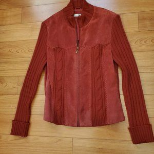 Coldwater Creek Red Knit & Leather Zip Sweater